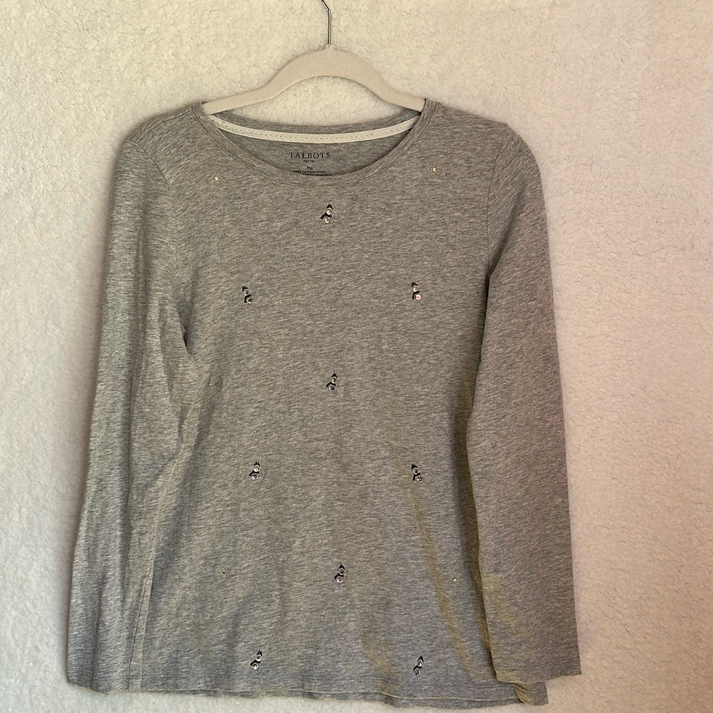 Talbots Petite Women’s Snowman Snowflakes Rhinestones Gray Long Sleeve Shirt MP
